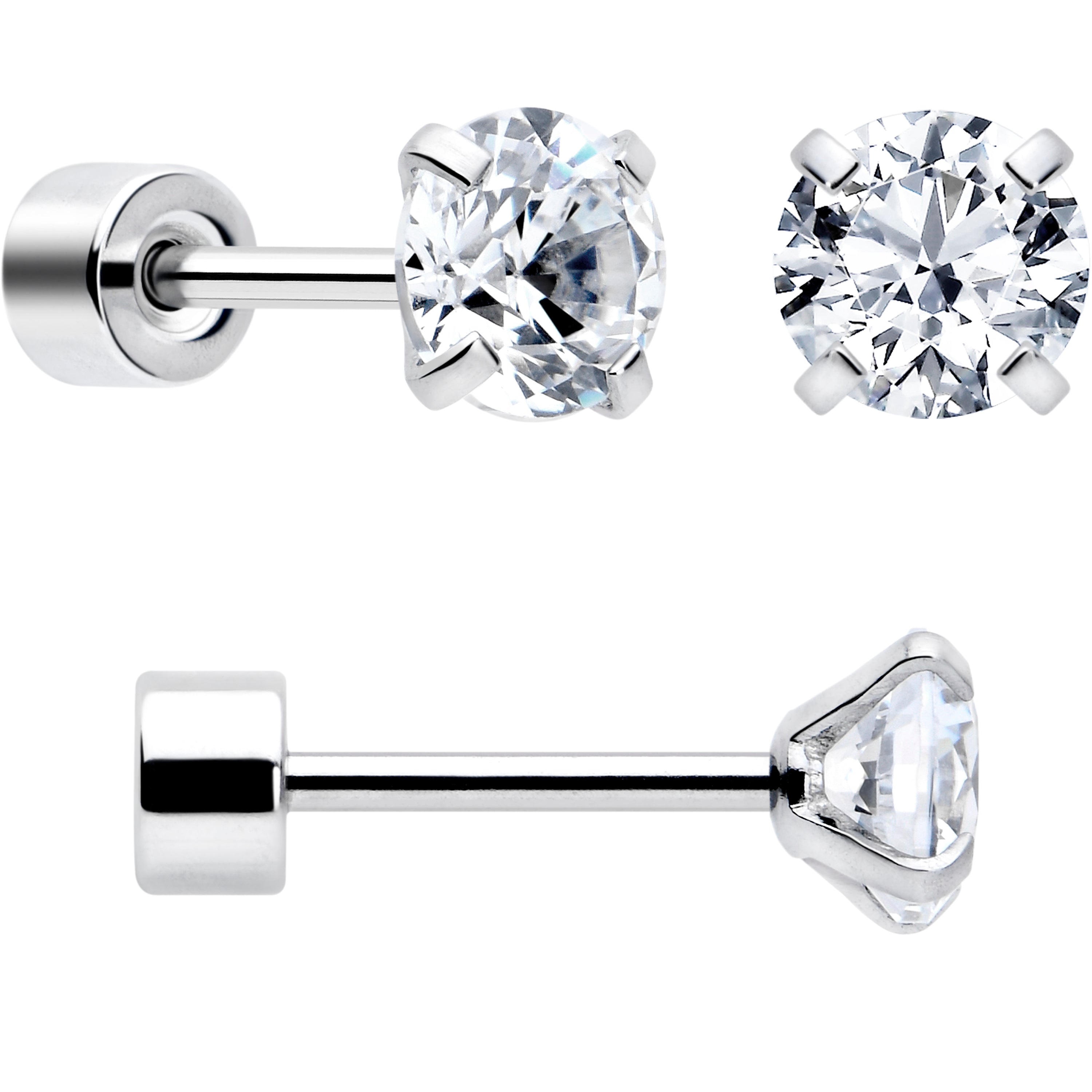 CZ Flat Back Stud Earrings - 3 Pairs